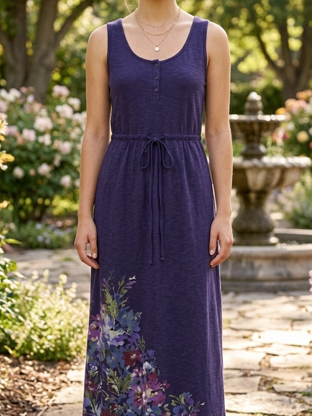 100% Cotton Purple Floral Sleeveless Maxi Dress | Eddie Bauer | Size Small